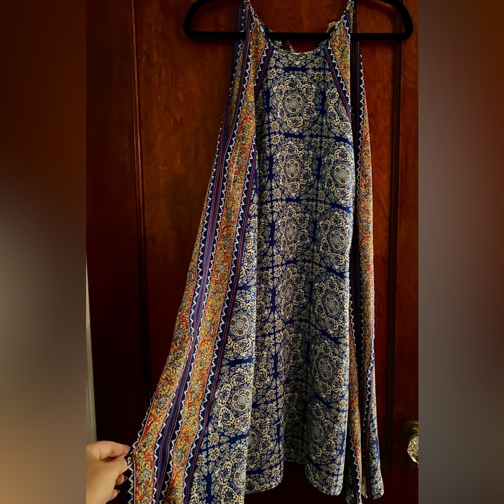 Bohemian Maxi Dress with Blue and Red Patterns